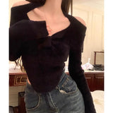 Sweater Women Irregular Halter Cropped Knitted Pullover Y2K Korean Off Shoulder Solid Jumpers Hollow Out Slim Knitwear New-Outfit