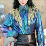 Embroidery Sequined Blouse Spring Autumn Turn-down Collar Diamonds Women's Clothing Commute Single-breasted Loose Shirt-Outfit