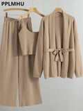 Sweater 3 Piece Sets Women Thick Knit Cardigans+cropped Spaghetti Tops+baggy Wide Leg Sweatpants Outfits New