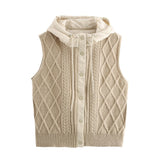 Fongt Women's 2025 Winter Fashion Vintage Vintage Vintage Cotton Stitched Knitted Hooded Vest Vest