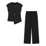 Fongt Explosion Women's Button Blouse Broad Leg Trousers Set