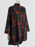 Urban Casual Top 2025 Summer Fashion Collar Long Sleeves Loose Check Print Irregular Shirt Coat