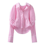 Casual Irregular Pink Striped Shirts For Women Lapel Long Sleeve Korean Straight Blouses Female 2021 Summer