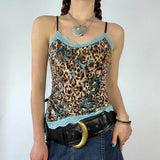 Fongt Dopamine Lace Spliced Leopard Print Sling Vest Women's Side Slit Closed Waist Strap Bottom Top-Outfit