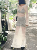 Crochet Hollow Backless Long Sleeve Cover Up Maxi Dress-Outfit