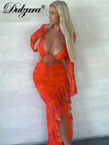 Summer Ruffle Sexy Y2K Clothes Hollow Out Long Sleeve Backless Side Slit Bodycon Maxi Dresses For Women 2023 Club