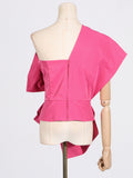 Fongt 2024 New Fashion Temperament Pure Color Asymmetric Collar Bow Decorative Splicing Design Sense Women's Top-Outfit