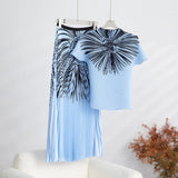 Fongt Fashion Set Women's Summer French High-Grade Folding Print Short-Sleeved Top + Loose A Word 100-Fold Long Skirt