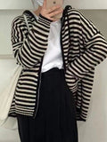 Hooded Striped Long Sleeve Knit Cardigan-Outfit