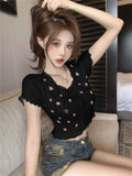 Sweet Embroidered Flower T-Shirt For Summer New Lace Splicing Short Cardigans In Repair Short-Sleeved
