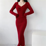 V-Collar Long-Sleeved Knitted Dress Skirt Autumn And Winter 2024 New Sweater Skirt-Outfit