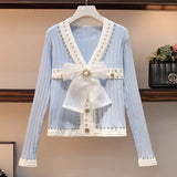 Knitted Diamonds Cardigan Chic Fashion Women V Neck Mesh Big Beaded Bownot Black Button Loose Sweater
