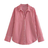 Fongt 2023 New Women's Long Sleeve Lapel Loose Striped Silk Shirt 4387036-Outfit