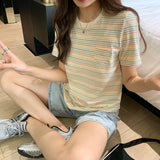Style Rainbow Striped Round-Neck T-Shirt Women's Summer Loose Style Vintage Blouse Design Sense