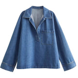 Fongt Women's Clothing INS Burst Fashion Loose Collar Long Sleeves Denim Blouse Trouser Cover