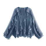 Fongt 2025 Women's New Fashion Butterfly Tacked With Overlays Decoration French Lantern Sleeve Long Sleeve Shirts