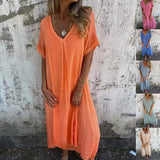 Fongt New Leisure Spring And Summer Loose Skirt Short-Sleeved V-Neck Solid Cotton Dress