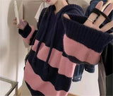 Wind Hooded Striped Sweater Women's 2024 Spring And Autumn New Large Size Thin Loose Age Korean Knitted Blouse-Outfit