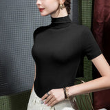 S-3XL Spring Cotton T Shirts Girls Stretchy Half Turtleneck Top Tshirt Women High Stretch Basic Tees-Outfit