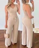 Fongt Summer Sexy Short Vest Bare Back Strap V-Neck Rope High Waist Straight Pants Casual