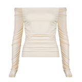 Girl Shoulder Net Pleated Solid Color Blouse Short Low-Collar Long-Sleeved T-Shirt With Exposed Navel-Outfit