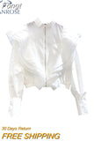 Women O-neck Ruffle Patchwork Decoration Zipper Design Chiffon Blouses Long Sleeve Short Coat Elegant Shirt Casual Baggy
