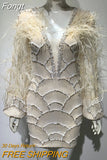 Women's Sexy V-neck Beaded Dress Beaded Long Sleeve Feather Wine Dress 2023 Fashion Luxury Dubai Feather Party