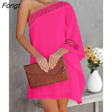 Lace One Shoulder Casual Dress Women Long Sleeve Mini Party