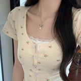 Aesthetic Floral Print Button Short Sleeve Tee-Outfit