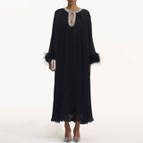 Famous Dress 2025 Spring New Temperament Fashion Design With Diamond Feathers Spliced Solid Color