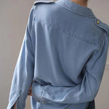 Solid Color Stylish Epaulet Blouse Female Clothing Long Sleeve Single-breasted Casual Pockets Commute Polo-Neck Shirt-Outfit