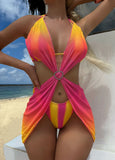2024 New Striped Gradient Love Mesh Dress Three-Piece Swimsuit Swimsuit