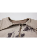 Women Vintage Print Short Jacket Trendy Irregular Turn-down Collar Loose Casual Zippers Coats Harajuku Long Sleeve