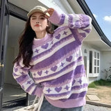 Purple Heart Print Stripe Sweater-Outfit