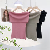 Fongt Retro Sexy Shoulder Repair Slimming Paper Pieces Knitted Vest T-Shirt Blouse Short Short Sleeve