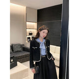 Tweed Cropped Jackets Women Elegant Black Coat Korean Thicken Warm Single Breasted Blazer Casual Short Outerwear Tops-Outfit