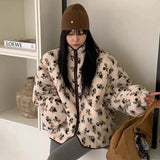 Fur Floral Print Zipper Jacket-Outfit