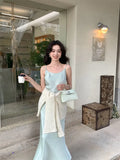 Fongt Xixi 2025 Spring New Korean Version High Waisted Elegant Suspension Dress V-Neck Solid Color Pure Desired Skirt 88172