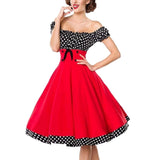 Vintage 50s 60s Hepburn Dress Women Retro Rockabilly Polka Dot Dress Black Red Off Shoulder Sleeveless Dress Female-Outfit