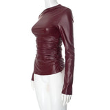 Faux Leather Long Sleeve Ruched Top-Outfit