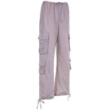 Drawstring Cargo Style Parachute Pants Basic Pockets Baggy Trousers Women Sporty Y2K Teachwear