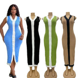 Fongt Collising Thread Single-Dlong V-Neck Sleeveless Elastic Knitted Mid-Long Dress