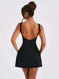 Solid Straight Neck Sleeveless Mini Dress-Outfit