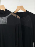 Fongt Show Thin Temperament Mesh Hollow Out Black Bottom Shirt Women's New Slim Half High Collar With Long-Sleeved T-Shirt-Outfit