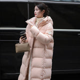 Cold Resistant Long Length Hooded Down Jacket Female 2024 Winter New Fashion Armband And Thick White Duck Down Matching Coat-Outfit