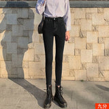 Fongt Double-Button Small Foot Jeans Women's Fall 2024 New Summer Slim Show Thin Nine Minutes Tight Black Pants-Outfit