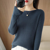 Fongt Round Collar Knit Women's Thin Early Spring And Autumn With A Sweater Long-Sleeve T-Shirt Wool Undershirt Loose.-Outfit