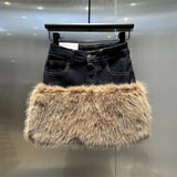 Faux Fur Patchwork Denim Mini Skirt-Outfit