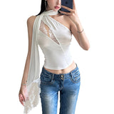 Fongt Summer Women's Lace Ribbon Stitching Hollow Out Asymmetrical Slim Small Vest-Outfit