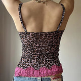 Fongt Hot Girl Wind Lace Splicing Leopard Grain Three-Dimensional Flower Ter V Collar Wood Ear Slim Vest-Outfit